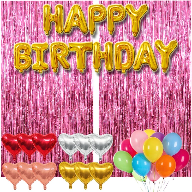 wohohoho 77Pcs Pink Happy Birthday Party Decorations Kit, Happy Birthday Banner, Pink Streamers Tinsel Backdrop, 4 Colors Foil Heart Balloons with 50Pcs Colorful Balloons Party Decor for Girls Women Princess - Image 1