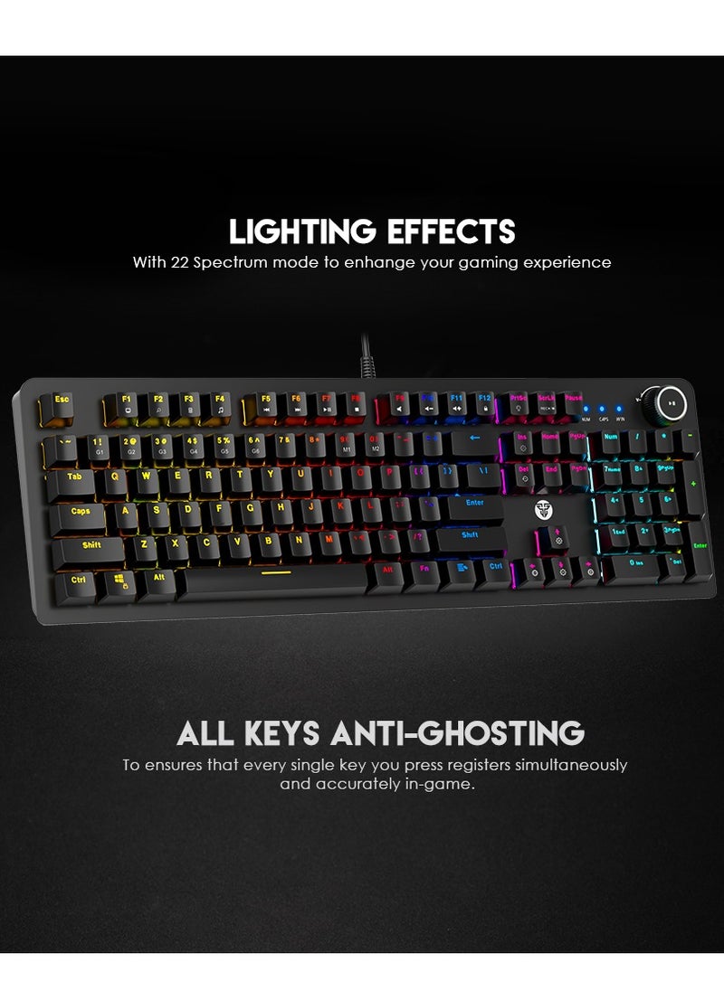 FANTECH - Wired  Computer Keyboard, Full-Size Keyboard, 104-keys Mechanical Gaming Keyboard(Blue Switches), USB Plug-and-Play, 22 RGB Modes, Volume Scroll Wheel, Detachable Wrist Rest，Compatible with PC, Laptop - Image 1