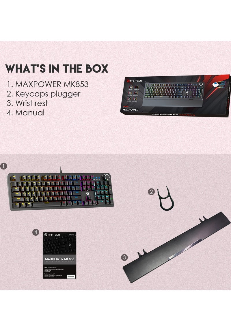 FANTECH - Wired  Computer Keyboard, Full-Size Keyboard, 104-keys Mechanical Gaming Keyboard(Blue Switches), USB Plug-and-Play, 22 RGB Modes, Volume Scroll Wheel, Detachable Wrist Rest，Compatible with PC, Laptop - Image 1