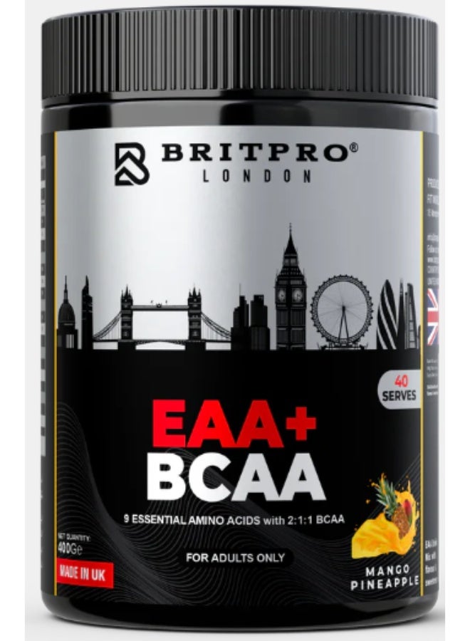 EAA+ BCAA 9 Essential Amino Acids with 2:1:1 BCAA Mango and Pineapple 400g 40 Servings Made in UK