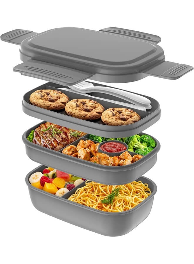 Bliszaar Bento Box Adult Lunch Box,3 Stackable Bento Lunch Containers for Adults/Kids, Modern Minimalist Design Bento Box with Utensil Set, Leak-Proof Lunchbox Bento Box for Dining Out, Work, Picnic, Schoolm, Grey - Image 1