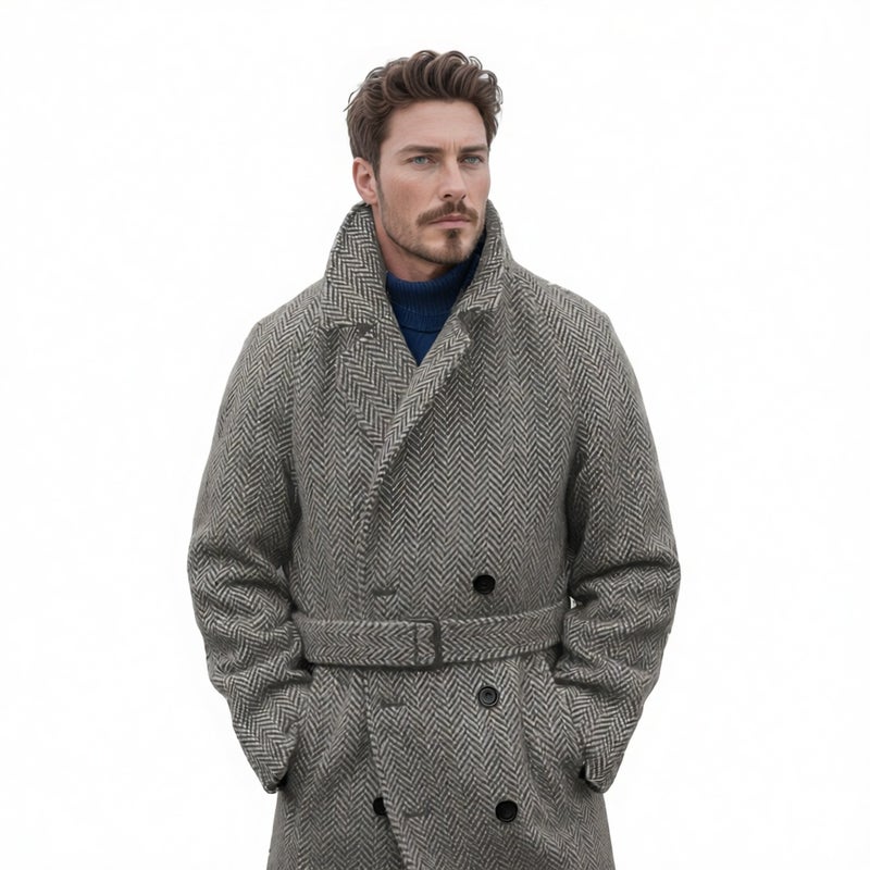 Men's Mid-Length Wool Plaid Double-Breasted Quilted Thick Coat