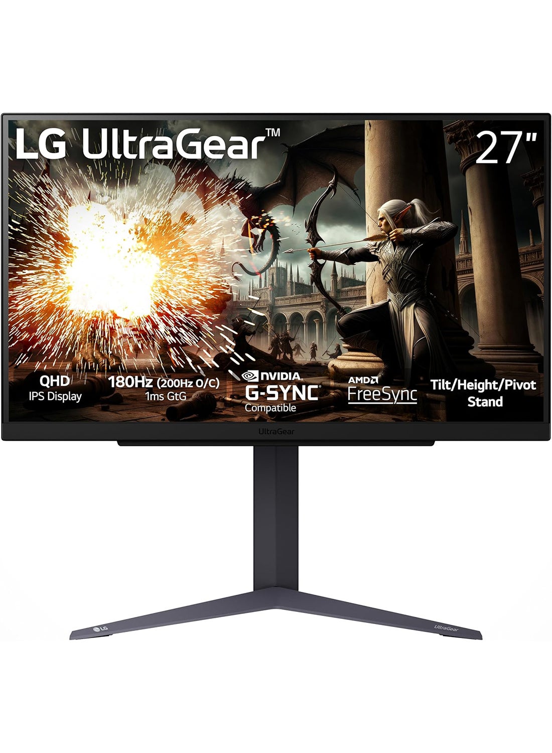 27 Inch UltraGear QHD Gaming Monitor (2560 x 1440) IPS, HDMI With Response Time Upto 1ms (GTG), Refresh Rate 180Hz (Overclock to 200), AMD FreeSync, Tilt/Height/Pivot Stand, 27GS75Q Black