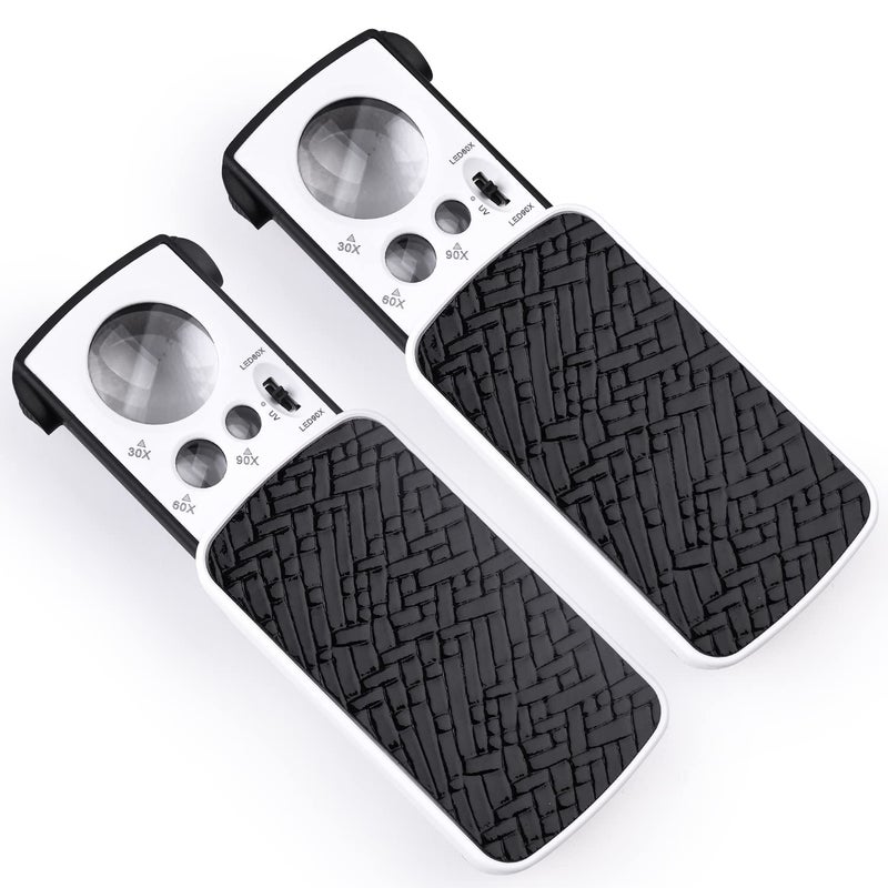 2 Pieces 30X 60X 90X Jewelers Loupe SlideOut Lighted Eye Loupe Magnifying Glass with 3 Light for Coins Gems Jewelry Rocks Watches Black