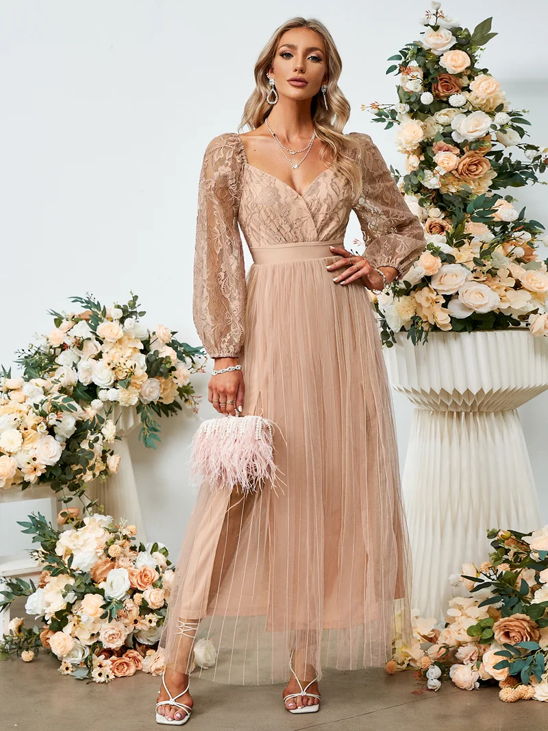 Simplee V Neck Flowy Long Sleeve Maxi Dress, Slim Flowy Silhouette, Elegant Party Long Dress