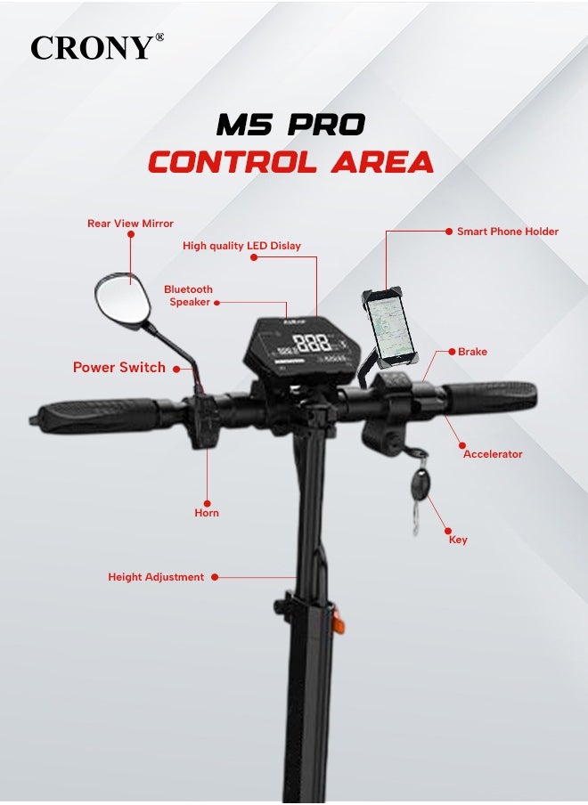 Crony - M5 Pro 1500W Fast Speed Adult E-Scooter, Max Up to 80Kilo, 48V 18AH Battery, 45KM Range, Dual Disc Brakes, Foldable Off-Road Electric Scooter with Dual LED Headlights, Rear View Mirror, Luggage Box, Phone Holder, Bluetooth Speaker, App-Connected, IPX4 Waterproof, Heavy Duty Brushless Motor Scooter, Dual Suspension, Aluminum Frame, Portable Urban Mobility E-Bike - Image 1