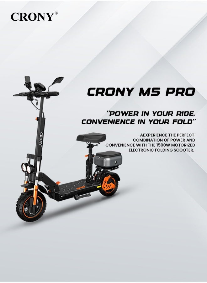 Crony - M5 Pro 1500W Fast Speed Adult E-Scooter, Max Up to 80Kilo, 48V 18AH Battery, 45KM Range, Dual Disc Brakes, Foldable Off-Road Electric Scooter with Dual LED Headlights, Rear View Mirror, Luggage Box, Phone Holder, Bluetooth Speaker, App-Connected, IPX4 Waterproof, Heavy Duty Brushless Motor Scooter, Dual Suspension, Aluminum Frame, Portable Urban Mobility E-Bike - Image 1