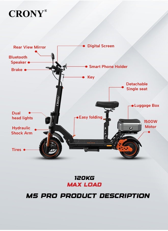 Crony - M5 Pro 1500W Fast Speed Adult E-Scooter, Max Up to 80Kilo, 48V 18AH Battery, 45KM Range, Dual Disc Brakes, Foldable Off-Road Electric Scooter with Dual LED Headlights, Rear View Mirror, Luggage Box, Phone Holder, Bluetooth Speaker, App-Connected, IPX4 Waterproof, Heavy Duty Brushless Motor Scooter, Dual Suspension, Aluminum Frame, Portable Urban Mobility E-Bike - Image 1