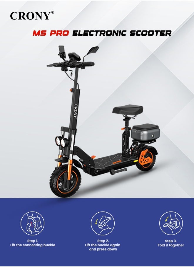 Crony - M5 Pro 1500W Fast Speed Adult E-Scooter, Max Up to 80Kilo, 48V 18AH Battery, 45KM Range, Dual Disc Brakes, Foldable Off-Road Electric Scooter with Dual LED Headlights, Rear View Mirror, Luggage Box, Phone Holder, Bluetooth Speaker, App-Connected, IPX4 Waterproof, Heavy Duty Brushless Motor Scooter, Dual Suspension, Aluminum Frame, Portable Urban Mobility E-Bike - Image 1
