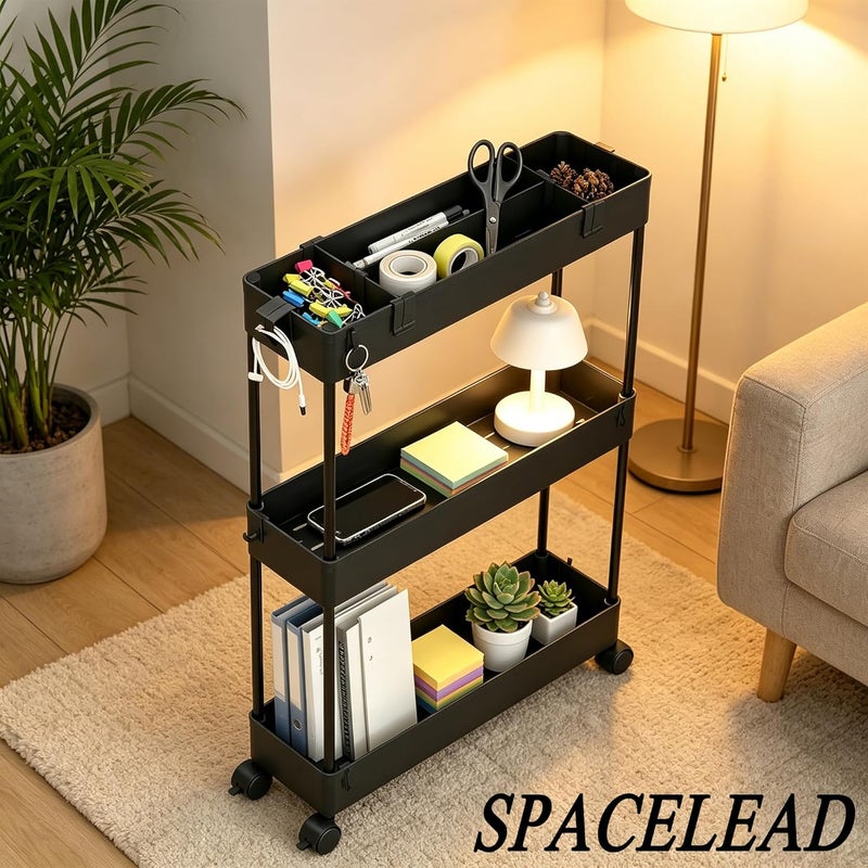 SPACELEAD Slim Storage Cart,3 Tier Bathroom Rolling Utility Cart Storage Organizer Slide Out Cart, Mobile Shelving Unit Organizer Trolley for Office Bathroom Kitchen Laundry Room Narrow Places, Black - Image 4
