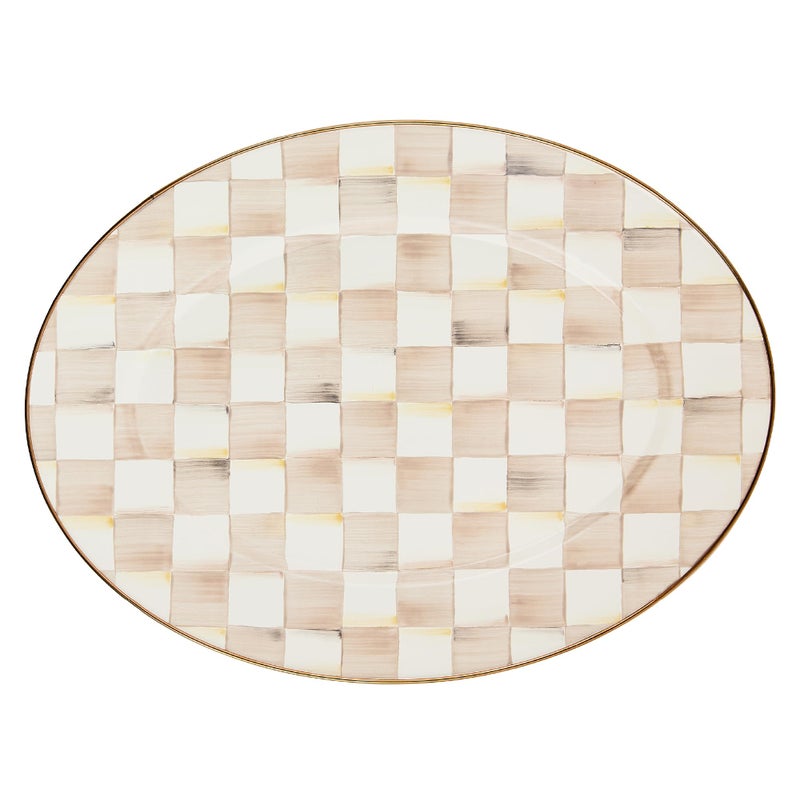 mackenzie childs MACKENZIE-CHILDS Enamel Oval Platter, Serving Plate for Entertaining, Medium, Brown-and-White Mocha Check - Image 1