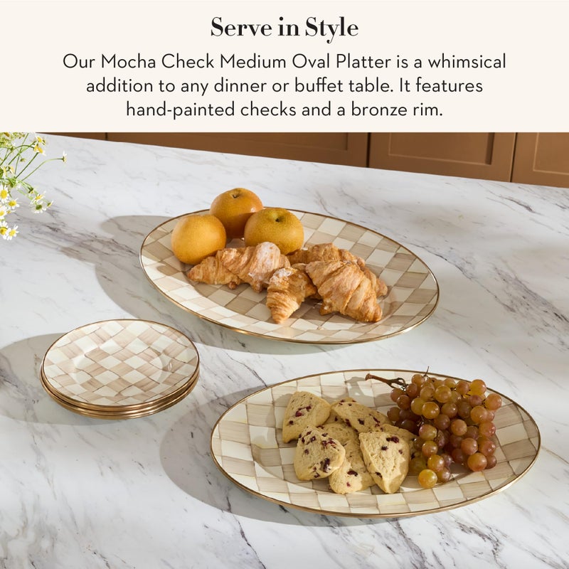 mackenzie childs MACKENZIE-CHILDS Enamel Oval Platter, Serving Plate for Entertaining, Medium, Brown-and-White Mocha Check - Image 2