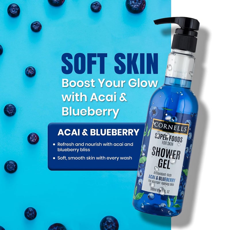 CORNELLS WELLNESS CORNELLS Super Foods Acai & Blueberry Shower Gel | For Younger Looking Skin For Men & Women | Hydrating, Moisturizing, and Gentle Cleansing Shower Gel - 500ml - Image 3