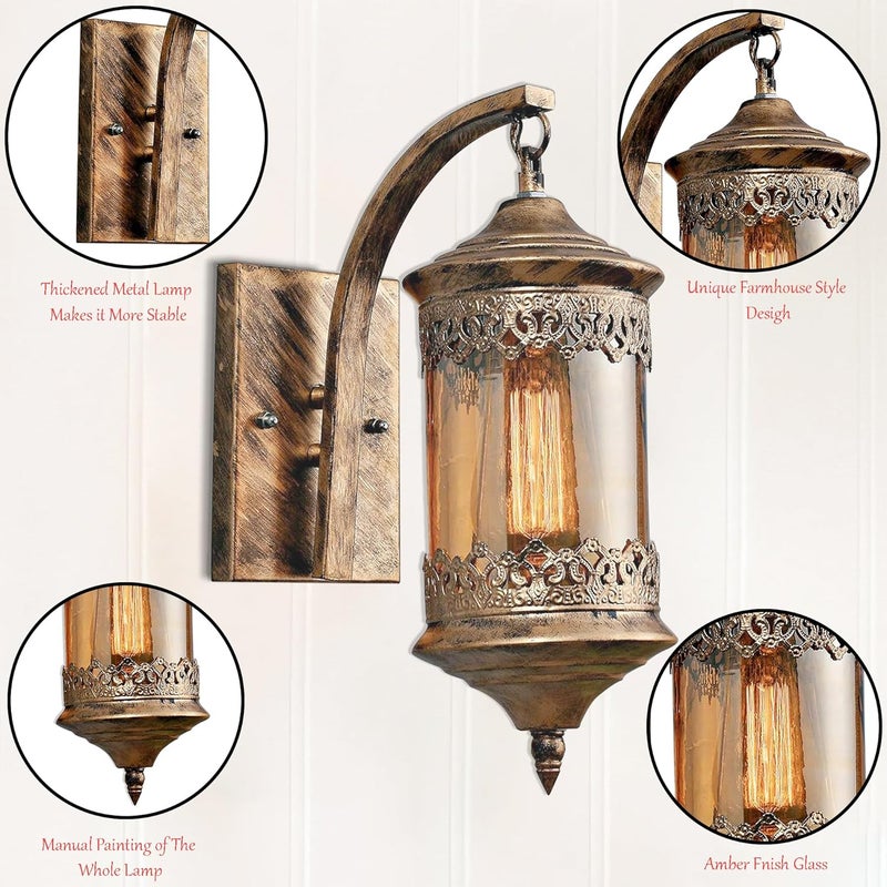Decorcity Night Lamp for Bedroom Wall Wall Lamp Wall Lamp for Living Room Wall Light lamp Oil Rubbed Bronze Wall Sconces Lighting with Amber Glass Retro Rustic Wall Lamps Golden Farola - Image 2