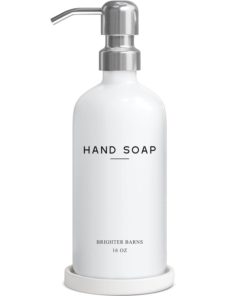Brighter Barns White Glass Hand Soap Dispenser Bathroom Set by Brighter Barns - Bathroom Soap Dispenser Set with Ceramic Tray - Refillable Glass Bottle Pump - Modern Home Decor for Airbnb, Hotel, Restaurants (White) - Image 1