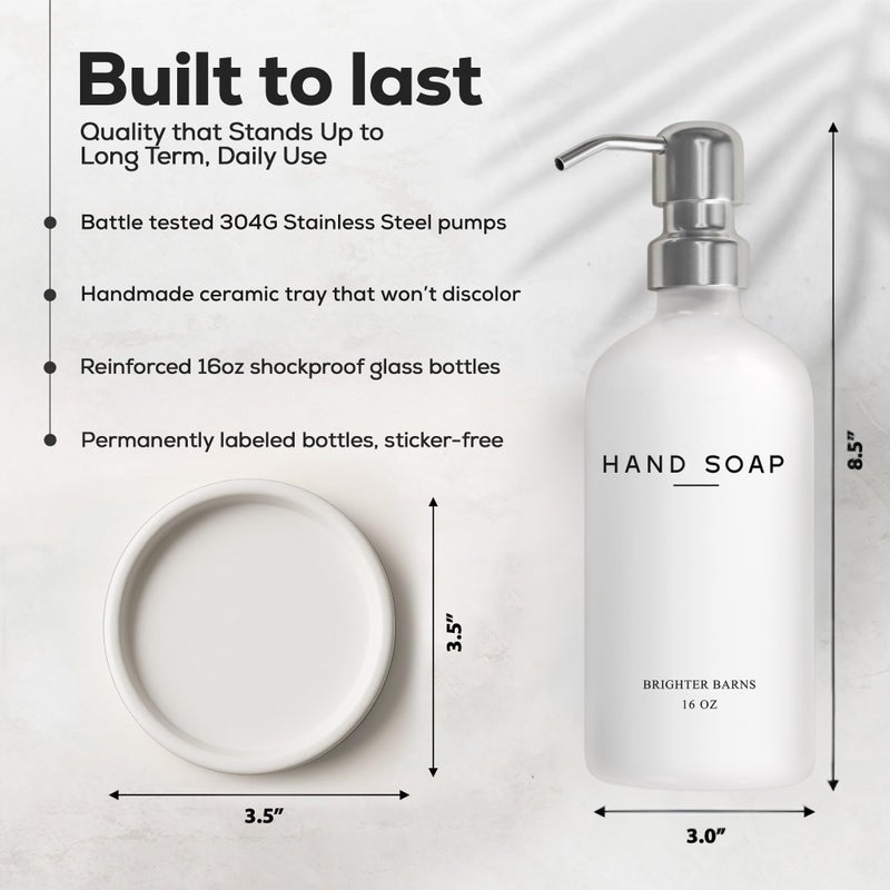 Brighter Barns White Glass Hand Soap Dispenser Bathroom Set by Brighter Barns - Bathroom Soap Dispenser Set with Ceramic Tray - Refillable Glass Bottle Pump - Modern Home Decor for Airbnb, Hotel, Restaurants (White) - Image 3