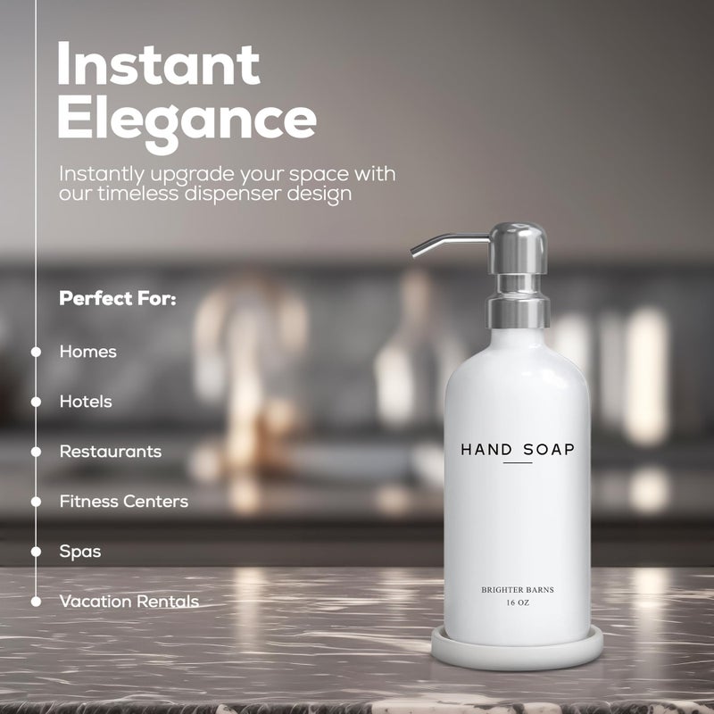 Brighter Barns White Glass Hand Soap Dispenser Bathroom Set by Brighter Barns - Bathroom Soap Dispenser Set with Ceramic Tray - Refillable Glass Bottle Pump - Modern Home Decor for Airbnb, Hotel, Restaurants (White) - Image 2