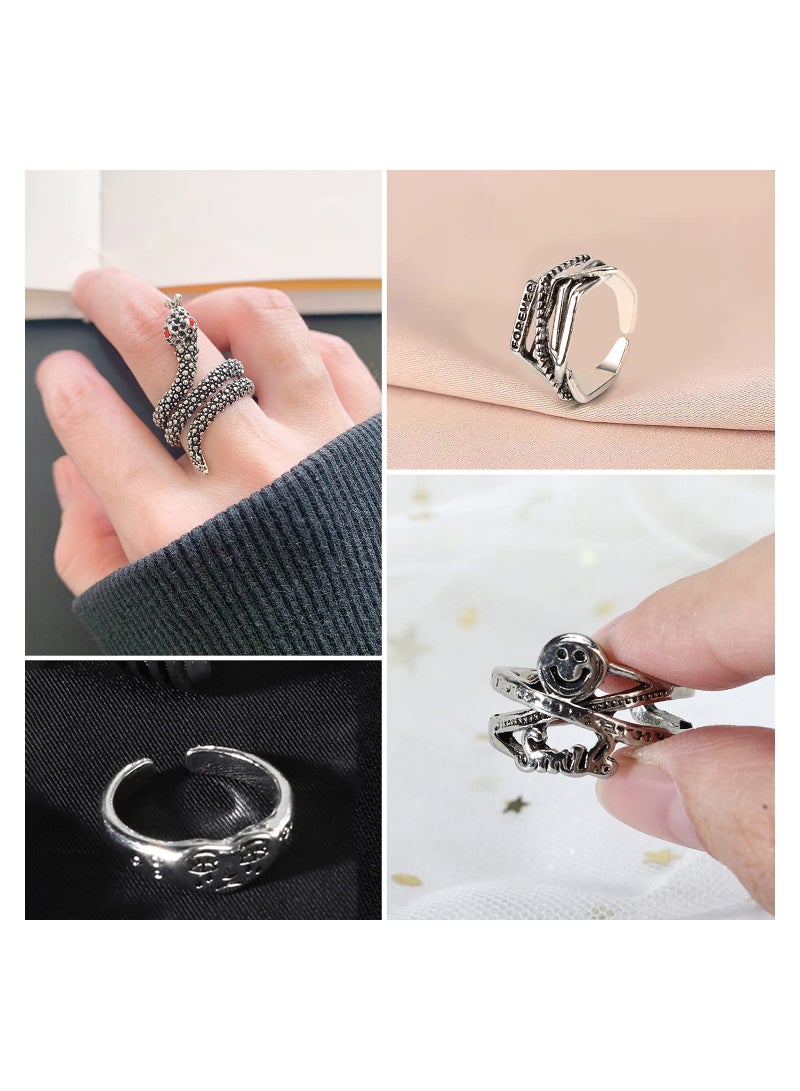 SYOSI Silver Plated Rings Set Cute Animal Open Pack Vintage Goth Hippie Matching and Stylish Snake Hug Lucky Face for Couples Gift Women Men Girls 12Pcs - Image 3