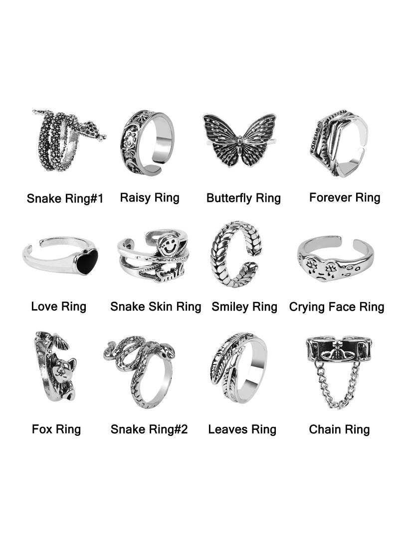 SYOSI Silver Plated Rings Set Cute Animal Open Pack Vintage Goth Hippie Matching and Stylish Snake Hug Lucky Face for Couples Gift Women Men Girls 12Pcs - Image 5