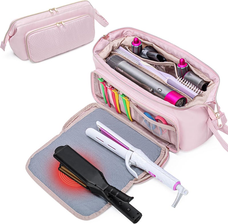 Fasrom Hair Tools Travel Bag with Heat Resistant Mat for Hair Straightener Curling Iron Flat Iron 2 in 1 Hair Dryer Travel Case Compatible with Dyson Airwrap Hair Dryer Holder Pink Patent Design