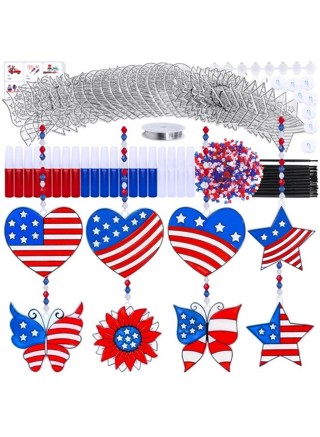 Winlyn 24 Sets Patriotic Suncatcher Ornaments Decoration DIY Window Paint Art Stickers Craft Kit American Heart Star Butterfly Suncatchers for Kids Classroom Patriotic 4th of July Activity Party Art Project - Image 1