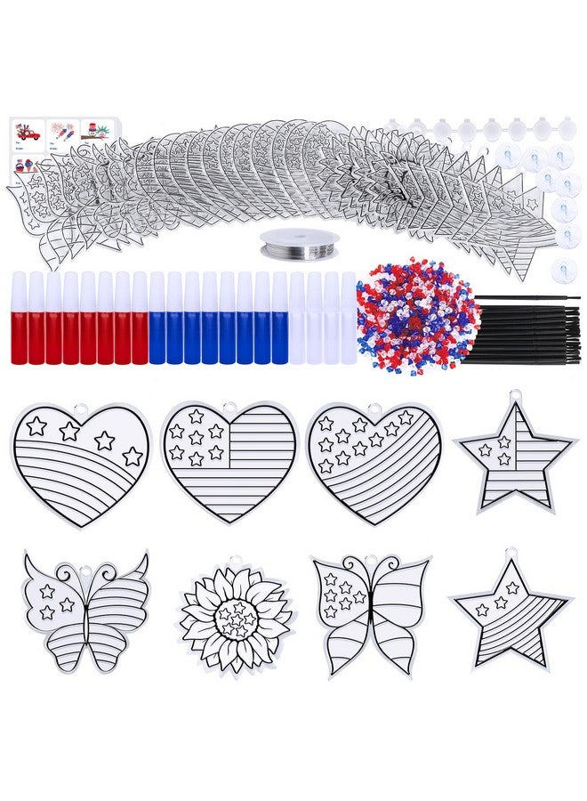 Winlyn 24 Sets Patriotic Suncatcher Ornaments Decoration DIY Window Paint Art Stickers Craft Kit American Heart Star Butterfly Suncatchers for Kids Classroom Patriotic 4th of July Activity Party Art Project - Image 2