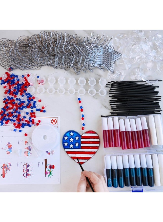 Winlyn 24 Sets Patriotic Suncatcher Ornaments Decoration DIY Window Paint Art Stickers Craft Kit American Heart Star Butterfly Suncatchers for Kids Classroom Patriotic 4th of July Activity Party Art Project - Image 3