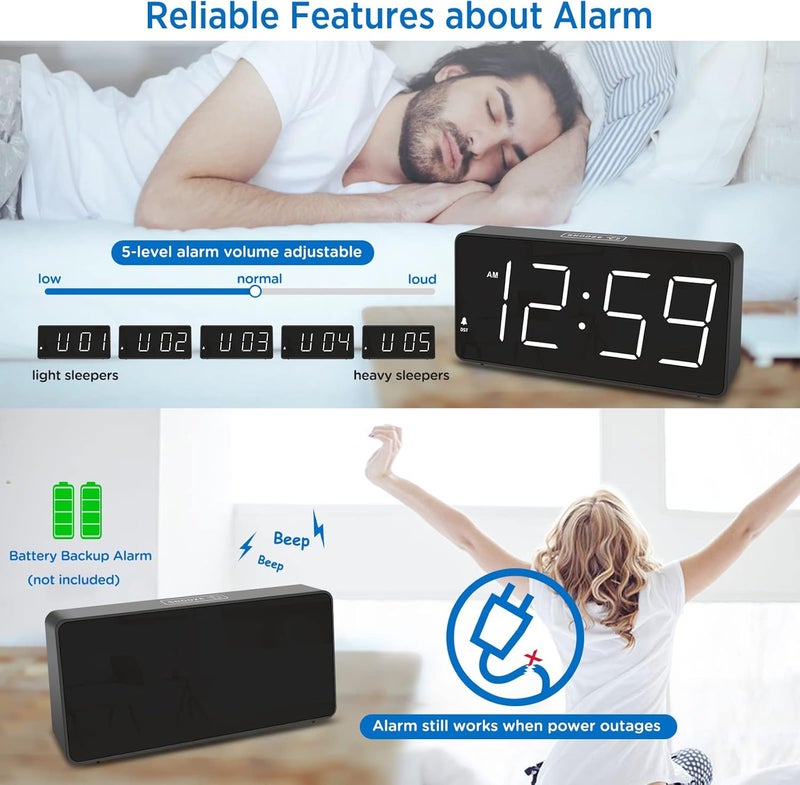 Peakeep Digital Alarm Clock for Bedroom Bedside, Loud Alarm Clock for Heavy Sleepers, Large Big LED Numbers for Seniors, Battery Backup Plug in Electric Clock with USB Charger (White) - Image 4