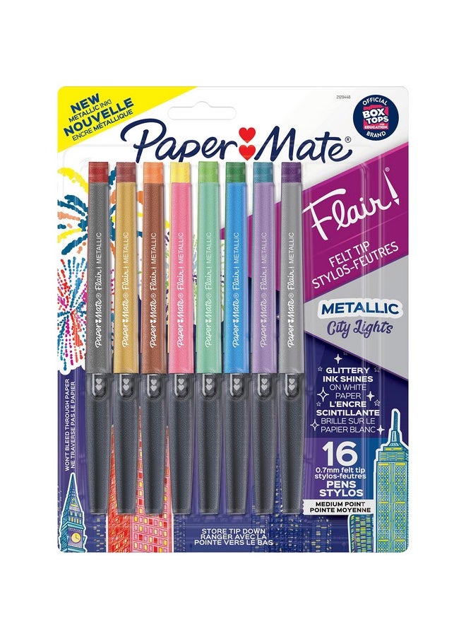 بيبر ميت أقلام حبر جاف معدنية من Paper Mate Flair، مجموعة City Lights، ألوان متنوعة لامعة، حبر فاخر، 16 قلمًا، مثالية للكتابة والرسم العشوائي وتدوين الملاحظات  - Image 1