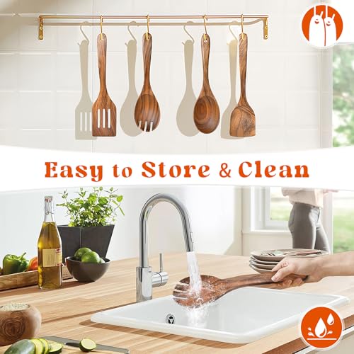 MemoGem 4Pcs Wooden Spoons for Cooking, Acacia Wood Kitchen Utensils Set for Nonstick Pans, Smooth Finish Cooking Utensils with Long Handle, Wooden Spatula for Cooking, Mixing, Baking - Image 5
