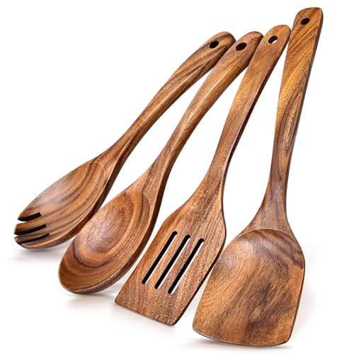 MemoGem 4Pcs Wooden Spoons for Cooking, Acacia Wood Kitchen Utensils Set for Nonstick Pans, Smooth Finish Cooking Utensils with Long Handle, Wooden Spatula for Cooking, Mixing, Baking - Image 1