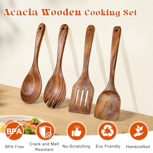 MemoGem 4Pcs Wooden Spoons for Cooking, Acacia Wood Kitchen Utensils Set for Nonstick Pans, Smooth Finish Cooking Utensils with Long Handle, Wooden Spatula for Cooking, Mixing, Baking - Image 2
