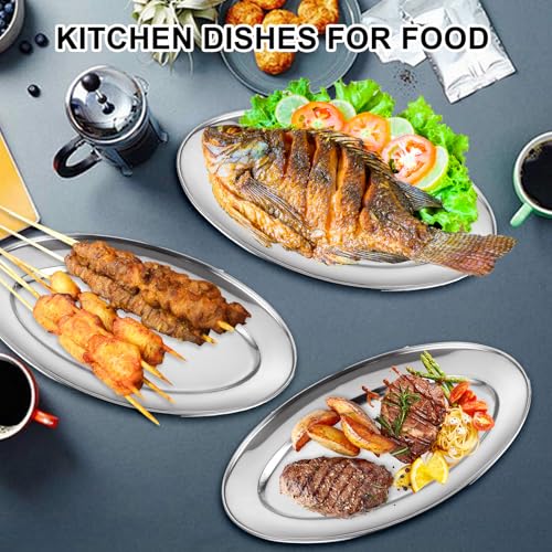 AKOLAFE 8PCS Large Stainless Steel Sizzle Platter Food Serving Trays for Party Buffet Oval Serving Platter Set Decorative Silver Plates Metal Tray Long Sizzler Plates for Sushi Appetizer Table Dish - Image 5