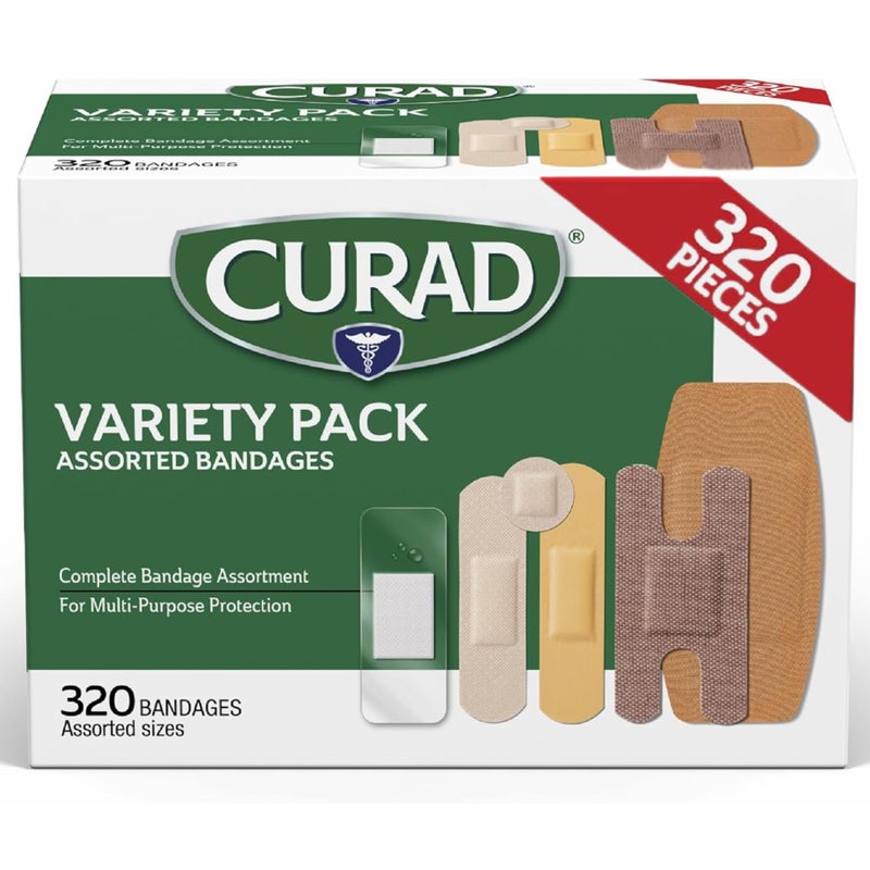 CURAD Assorted Bandages Bulk Variety Pack | 320 Count |5 Styles Including Waterproof, Sheer, Plastic, Heavy Duty & Flex-Fabric | First Aid Kit Essentials | Protects Scrapes, Cuts & Burns - Image 1