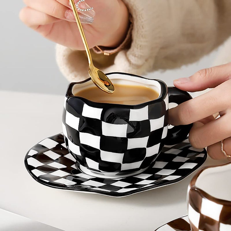Noviko Checkered Mug Ceramic Checker Tea Cup and Saucer Set 10 oz - Image 4