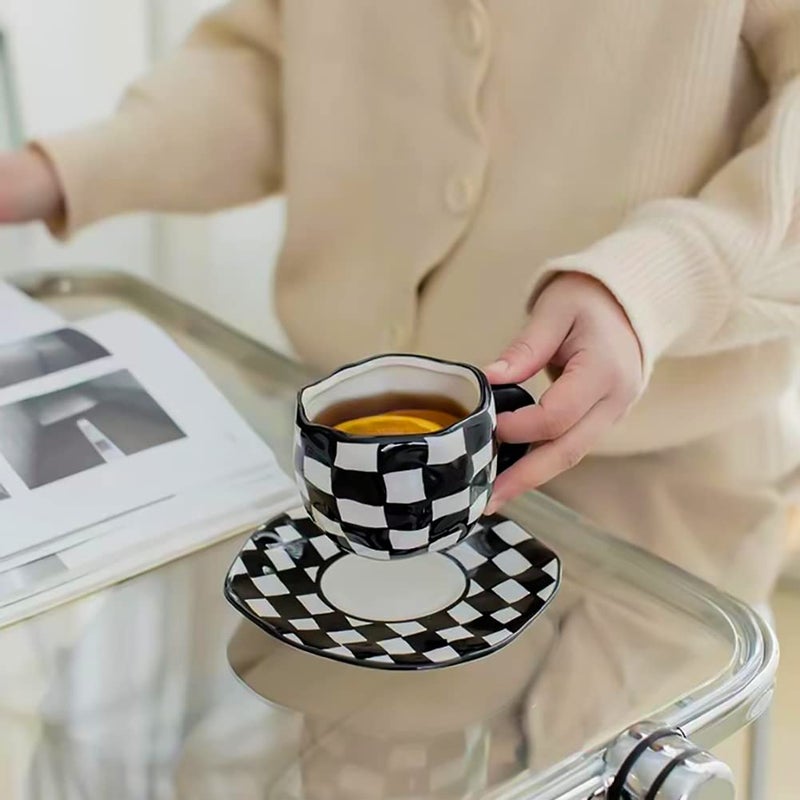 Noviko Checkered Mug Ceramic Checker Tea Cup and Saucer Set 10 oz - Image 5