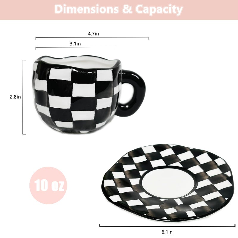 Noviko Checkered Mug Ceramic Checker Tea Cup and Saucer Set 10 oz - Image 2