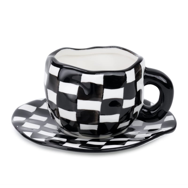 Noviko Checkered Mug Ceramic Checker Tea Cup and Saucer Set 10 oz - Image 1