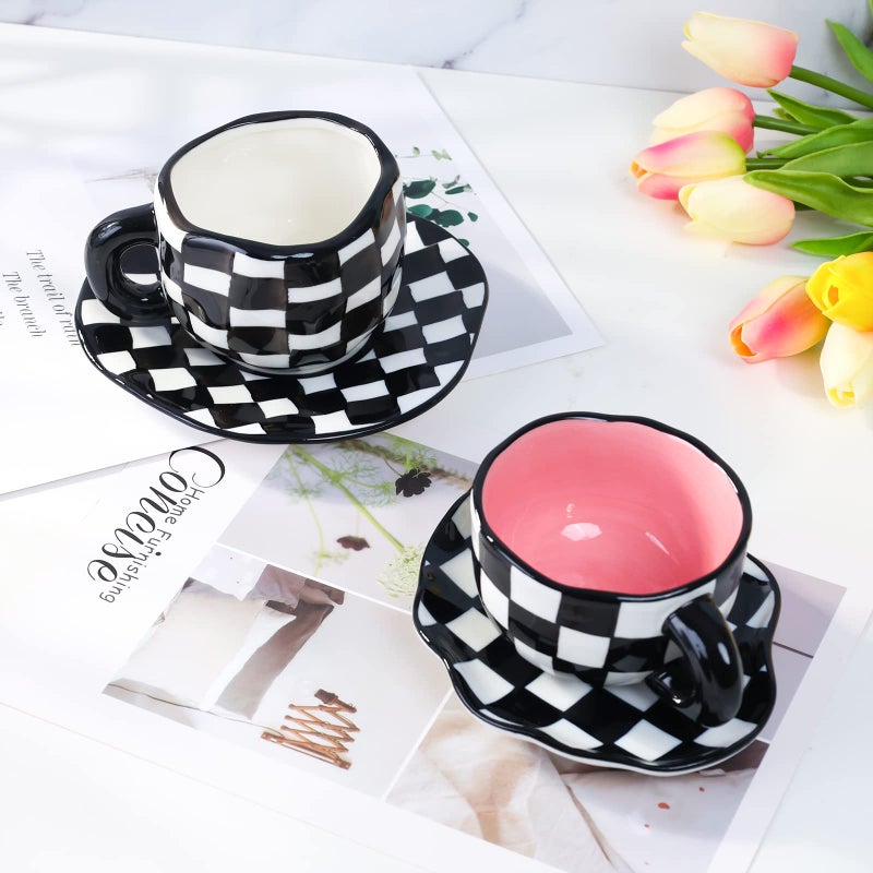 Noviko Checkered Mug Ceramic Checker Tea Cup and Saucer Set 10 oz - Image 3