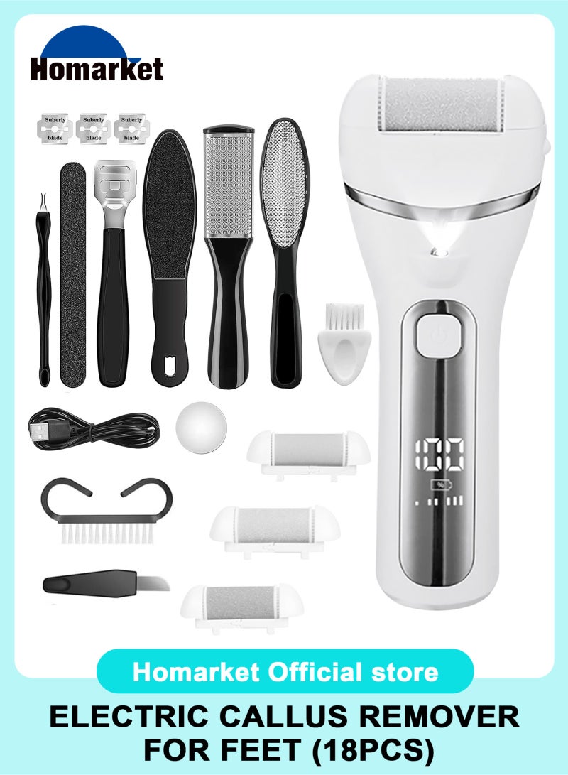 HomarKet Electric Feet Callus Remover, Professional 18 in 1 Foot File Pedicure Kit Tools, Rechargeable Dry Dead Skin Foot Scraper with 3 Roller Heads & 2-Speed Power for Feet Hands Heels Spa (White) - Image 1