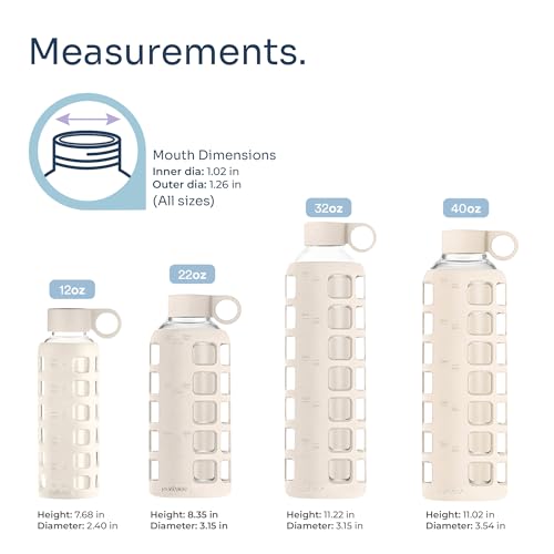 purifyou 40oz / 32oz / 22oz / 12oz Borosilicate Glass Water Bottle with Time & Volume Markers, Silicone Sleeve, Stainless Steel Lid | Reusable Glass Bottle for Water & Juice (22oz Pearled Ivory) - Image 2