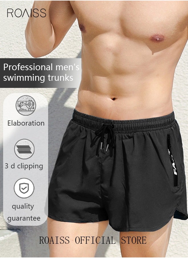 roaiss - Men's Swimming Trunks Beachwear Quick Dry Double Layer Beach Pants Gym Wear Fitness Workout Short Sports Running Boxer Swim Shorts Swimsuit Summer Pure Black - Image 1