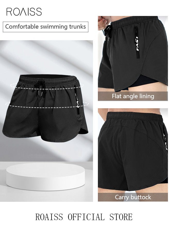 roaiss - Men's Swimming Trunks Beachwear Quick Dry Double Layer Beach Pants Gym Wear Fitness Workout Short Sports Running Boxer Swim Shorts Swimsuit Summer Pure Black - Image 1