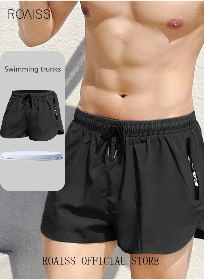 roaiss - Men's Swimming Trunks Beachwear Quick Dry Double Layer Beach Pants Gym Wear Fitness Workout Short Sports Running Boxer Swim Shorts Swimsuit Summer Pure Black - Image 1