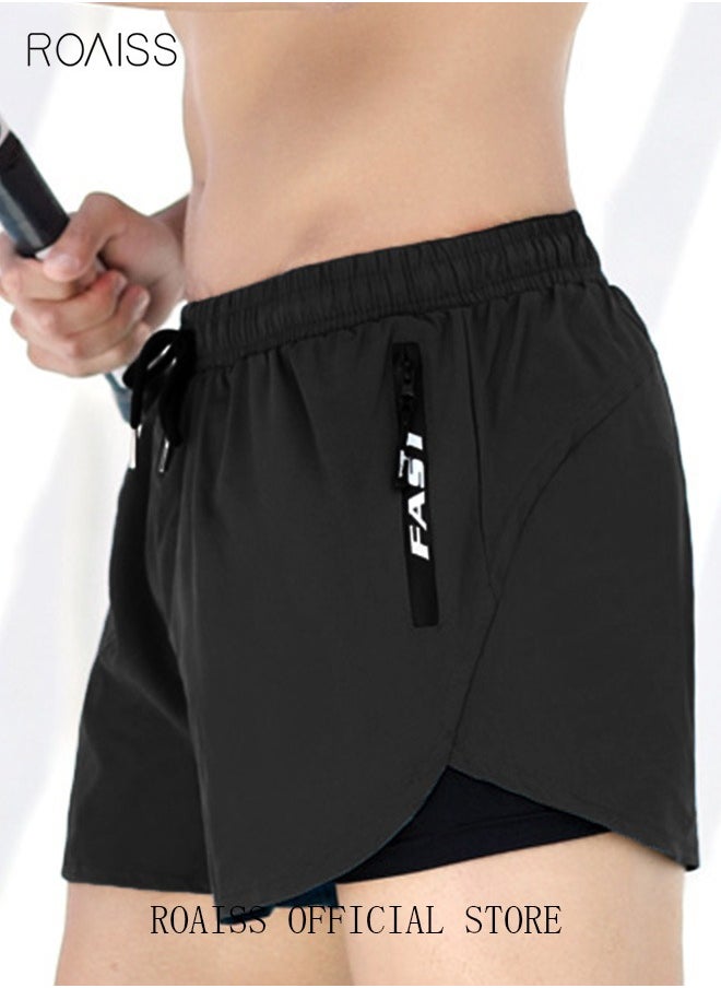 roaiss - Men's Swimming Trunks Beachwear Quick Dry Double Layer Beach Pants Gym Wear Fitness Workout Short Sports Running Boxer Swim Shorts Swimsuit Summer Pure Black - Image 1