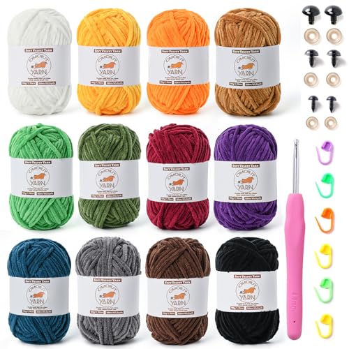 OMoiut 12 Pack Fluffy Velvet Yarn for Crocheting, Chunky Chenille Baby Yarn for Crocheting Soft Blanket, 787 yds Amigurumi Yarns for Knitting, Bulky Multicolored Crochet Yarns Set C - Image 1