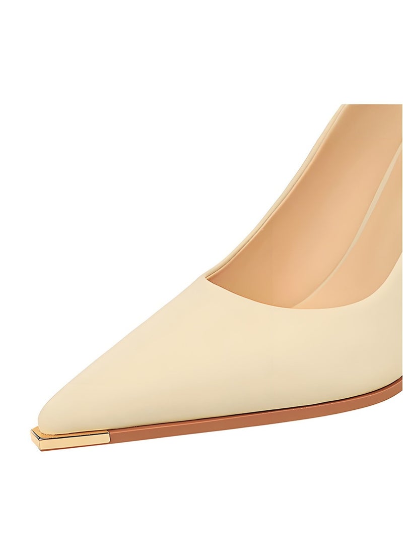 BIGTREE Women's Stiletto Pumps Closed Pointed Toe High Heels Party Dress Shoes Beige 9.5CM - Image 4