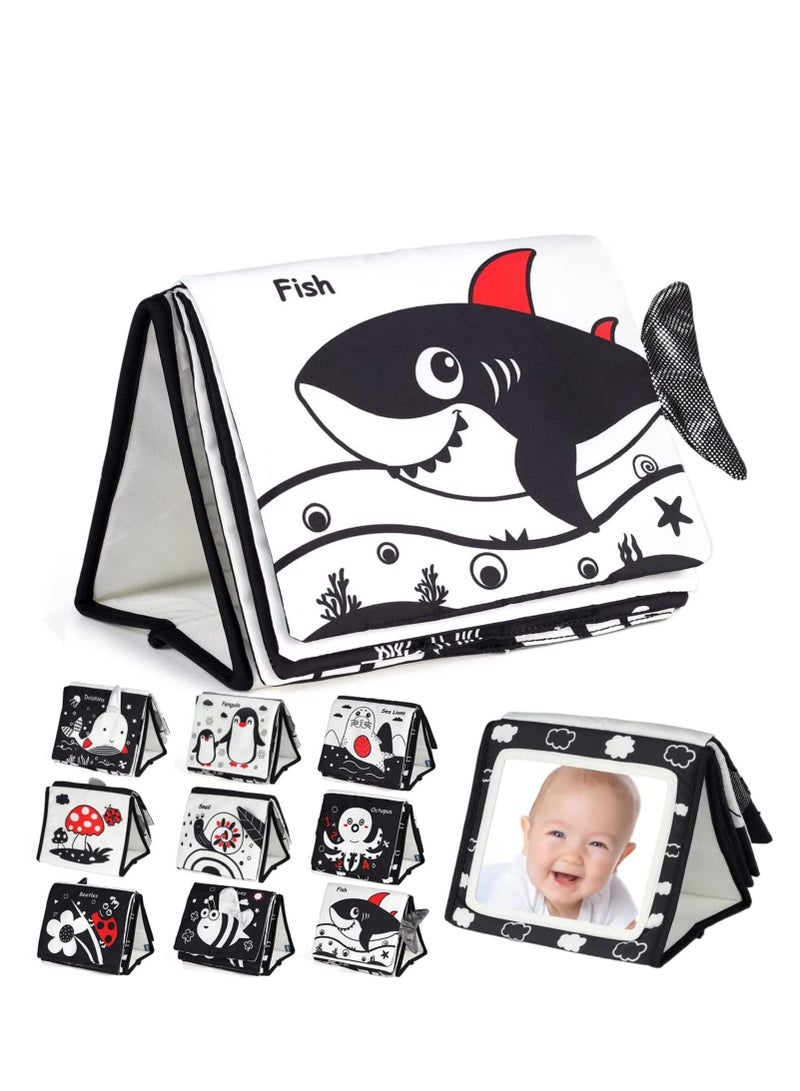 Soft Cloth Baby Book Toy, Black and White Books Tummy Time Mirror for Babies Toys Infants High Contrast Newborn - Sensory Best Gift 0 3 6 9 Months - Image 1