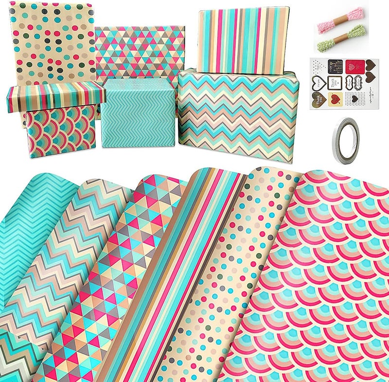 KASTWAVE Versatile Gift Wrapping Paper Set - 6 Pack Birthday Wrap with Ribbon, Stickers & Tape for All Occasions: Weddings, Graduations, and More! - Image 1