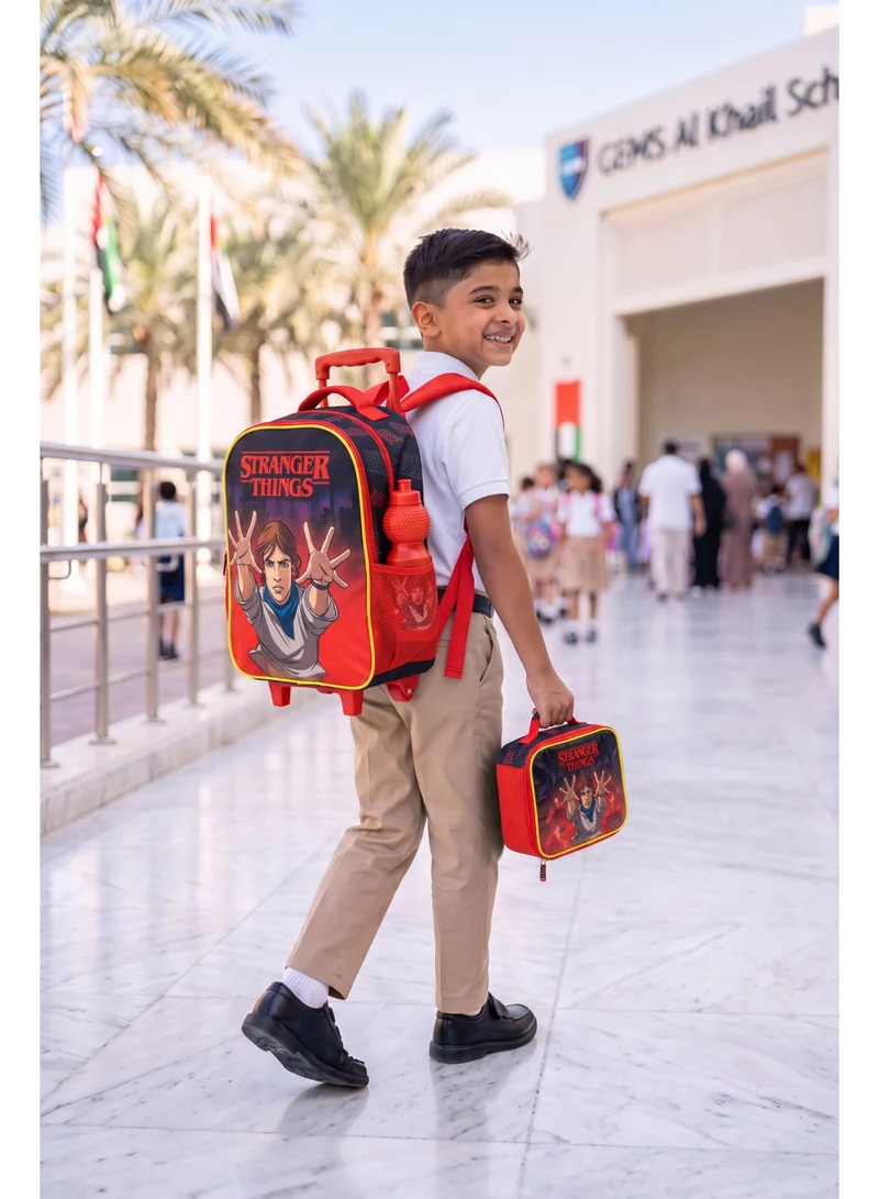 نيتفليكس Netflix Stranger Things 5-in-1 Kids Trolley School Set 18" | Rolling Backpack, Lunch Bag, Lunch Box, Water Bottle & Pencil Case | Water Resistant | Unisex School Bag